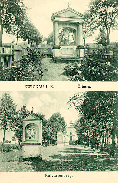 Na této pohlednici je zachycena cvikovská Kalvárie. Na horním obrázku vidíme první kapli s reliéfem Krista na Olivetské hoře, na dolním obrázku jsou kamenná zastavení křížové cesty s kaplí Božího hrobu v pozadí.