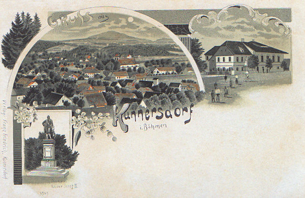 Kunratice (Kunnersdorf) bei Cvikov (Zwickau)</b><br>Auf dieser Lithographie sieht man ausser der Gesamtansicht der Gemeinde Kunratice (Kunnersdorf) auch die ehemalige Einkehrgaststätte „Zur Post“ und das am 15. Juli 1882 enthüllte Kaiser Josef II.-Denkmal.