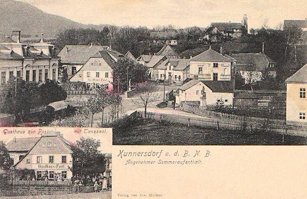 On this picture postcard you see the central part of the village of Kunratice with Mitter´s imposing restaurant (on the left side) and the neighbouring restaurant „Zur Post“ which is also shown also in the small lower left picture. Alongside of the restaurant there is the statue of St. John of Nepomuk on the bridge leading over the Svitávka-brook and on the right side there is the monument of Emperor Joseph II. erected in 1882.