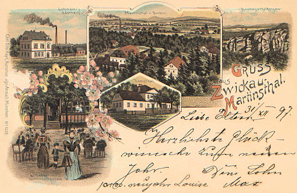 This lithography of Martinovo Údolí from the end of the 19th century shows at its center the building of the former steam bath and the part of the village in its surroundings with an outlook to the south. On the left picture you see the former Schindler's restaurant and on the right one rock of the „Brandsattelfelsen“ standing on the Kamenný vrch in the north of the village.