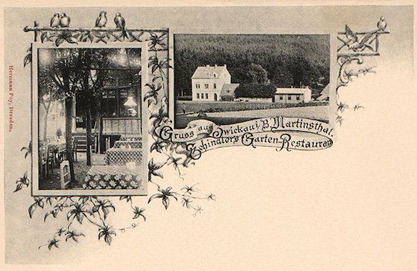 Auf dieser Ansichtskarte sieht man Schindlers Gartenrestaurant in Martinovo údolí (Martinstal), ein oft besuchtes Ziel der sonntäglichen Ausflüge der Einwohner Zwickaus. Das noch heute stehende Gebäude ist heute Teil eines Betriebes zur Herstellung von Glashäusern.