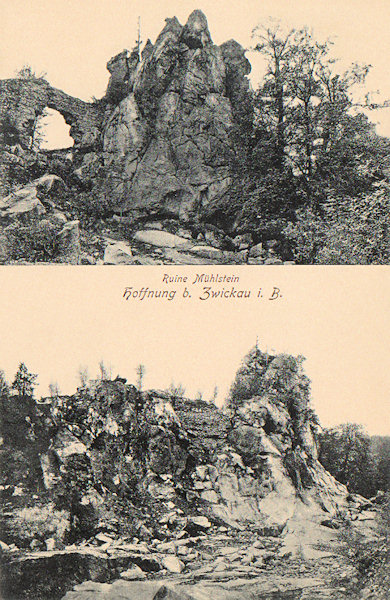 On this picture postcard we see the rocky massif with the remainders of the castle Milštejn shortly after the shut-down of the quarrying in 1910. The upper picture shows the original castle gate which later collapsed. At present the whole crest is covered by high-grown wood.