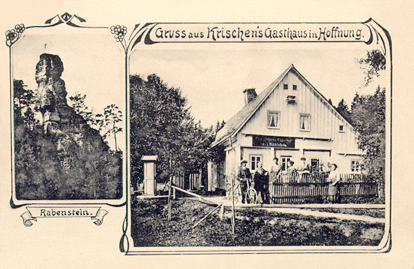 This postcard from 1922 shows the famous Kriesche's inn and beneath it the sandstone tower of the Rabenstein (Raven's rock) projecting from a hillock above the settlement. The cross on its peak was erected by Messrs Schicht and Wiesner, owners of the factory in Antonínovo údolí.