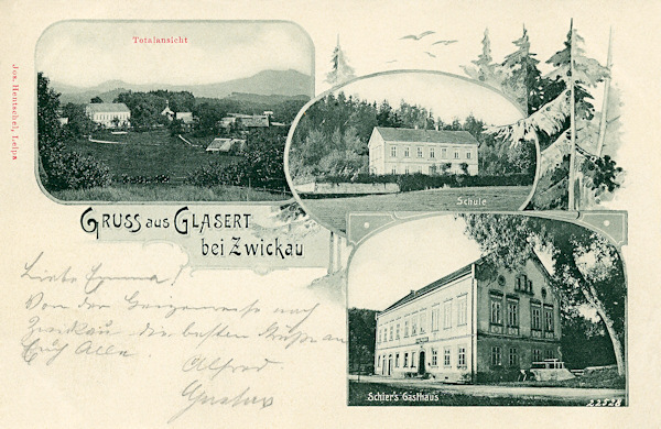 On this picture postcard the central part of the village with the building of the then Schier's restaurant, which also is shown in the lower detail picture is shown. In the upper right there is the former schoolhouse which till present is standing on the road to Naděje and now serves as boarding house.