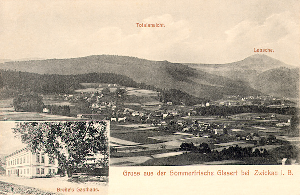 This picture postcard shows Trávník (in the foreground) and Naděje (behind the wood on the right side) as seen from the Zelený vrch. In the background we see the long ridge of the Suchý vrch and the prominent cone of the Luž-hill. In the lower picture there is the former restaurant in the centre of the village its house up to now is standing in the centre of the village.