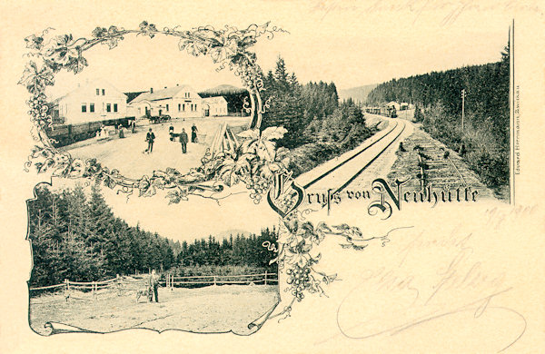 Diese Lithographie vom Ende des 19. Jahrhunderts zeigt die Einkehrgaststätte Nová Huť (Neuhütte, Antonihütte) und die Bahnstrecke von Česká Lípa (Böhm.-Leipa) nach Rumburk (Rumburg), die hier ihren höchsten Punkt erreicht. Das Geleise rechts von der Bahnstrecke wurde 1884 zur Abfuhr von Holz aus den umgebenden Wäldern verwendet.