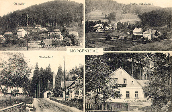 The first two pictures of this postcard record the upper part of the village under the Pařez-hill (left) and the centre of the settlement with the school which at present serves as boarding house (right). On the lower left side there is the former Zimml's glass-cutting works in the lower part of the village, on the right side stands the restaurant which, since 1905 was managed by husband and wife Alber and, after the death of the owner, from 1917 to 1942 by the widow Theresie Alber.