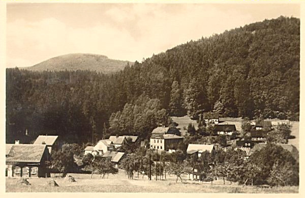 Diese Ansichtskarte aus der 1. Hälfte der  20. Jh. zeigt die Häuser im oberern Teil von Rousínov. Der durch den Ort fliessende Bach entspringt unter dem Berg Bouřný (Friedrichsberg), dessen langgezogenen Gipfel man im Hintergrund sieht.
