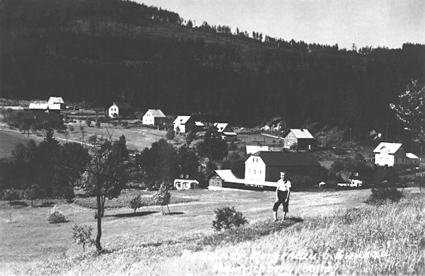 Na pohlednici z 1. poloviny 20. století vidíme horní část osady s řadou domků na stráni pod Rousínovským vrchem.