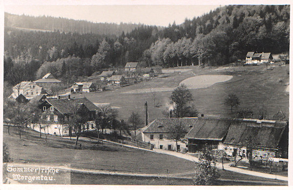 On this picture postcard of the upper part of the the settlement in the centre the partially hidden stone building of Reinhard Palme's glass-carving factory is seen which was driven by the water of the Rousínovský potok-brook.