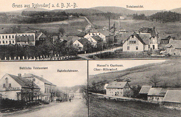 Auf dieser Ansichtskarte sieht man oben Svor (Röhrsdorf) mit der alten Strasse nach Nový Bor im Vordergrund. Die unteren Bilder zeigen das früher an dieser Strasse stehende Beitlichsche Gasthaus und Hansels Gasthaus im Oberdorf.
