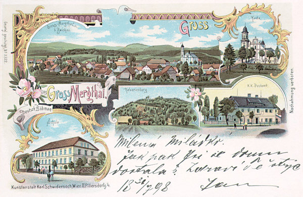 On this picture postcard from the end of the 19th century there is an overall view of the village from the southwest and to the right of it the church of St. Maria Magdalena from 1714. The lower pictures show the then post office, the central one the Calvary hill and the right one the school standing near of the church.