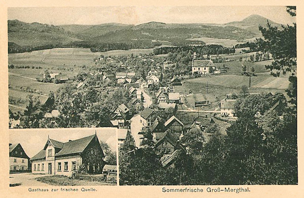 his picture postcard shows the central part of the village Mařenice seen from the chapel on the peak of the Calvary hill. The dominant building of the village is the church of St. Maria Magdalena, behind of which the Luž-hill is seen. In the cut-out picture at the bottom there is the former restaurant „Zur frischen Quelle“ (in German = the fresch spring) on the road to Kunratice.