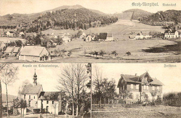 Diese Ansichtskarte aus den Jahren zwischen den beiden Weltkriegen zeigt das Niederdorf mit dem waldbewachsenen Kalvarienberg, hinter dem sich am Horizont der Hvozd (Hochwald) erhebt. Ganz rechts sieht man das alte Forsthaus am alten Weg nach Kunratice, das auch im Ausschnitt rechts unten abgebildet ist. Links sieht man die Kapelle auf dem Kalvarienberg.