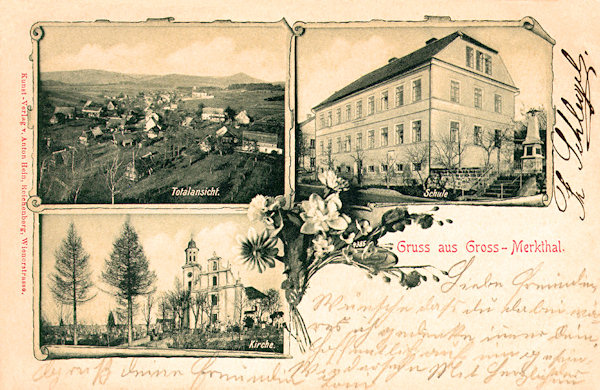 Auf dieser Ansichtskarte von Mařenice (Mergtal) von 1902 ist links oben die Gesamtansicht im Blick vom Kalvarienberg, rechts sieht man die Schule mit dem Gefallenendenkmal im Vordergrund und unten die vom Friedhof umgebene Kirche St. Maria Magdalena.