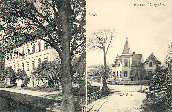 This picture postcard from the years before World War One shows in its left half the beautiful house of the primary school below the church, on the right side an villa which till today but heavily devastated is standing on the corner between the roads to Cvikov and Dolní Světlá.