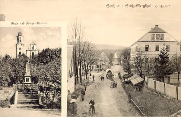 This picture postcard from between the World Wars shows the church St. Mary Magdalene with the at present already not existing war memorial monument, in the right side there is the busy main road with the schoolhouse.