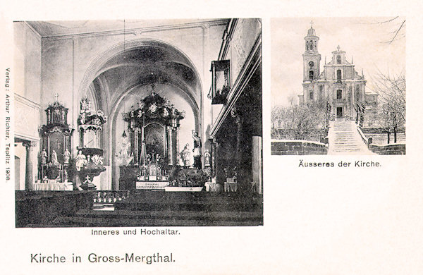 Auf dieser Ansichtskarte aus dem Jahre 1908 ist die Kirche der hl. Maria Magdalena und ihre damalige Inneneinrichtung abgebildet, die im Laufe der allgemeinen Verwüstung der Kirche in den 60er Jahren zugrunde ging.