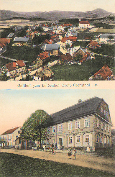 Auf dieser Ansichtskarte sieht man unter der typischen Gesamtansicht der Gemeinde das monumentale Gebäude Oppitzschen Gasthauses „Zum Lindenhof“ No. 17, das an der Strasse unweit der Schule stand. Das Gasthaus brannte 1947 zum Teil aus und wurde später abgerissen.