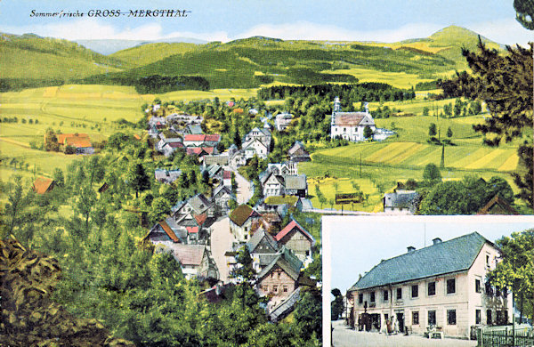 On this picture postcard we see Mařenice village from the peak of Calvary hill. The village is concentrated along of the road and dominated by the church of St Mary Magdalene, the horizon is closed by woody hills with the Luž (right) as the highest peak. In the cutout below the building of the former grocery is shown, which stood near the branching of the road to Heřmanice.
