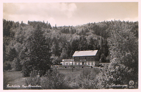 Na této pohlednici vidíme bývalý penzion 'Neu Brasilien', otevřený v roce 1929 na úpatí Luže nad Dolní Světlou. Hostinec sloužil ještě po 2. světové válce jako rekreační zařízení, ale po zřízení hraničního pásma ve 2. polovině 50. let byl zbořen.