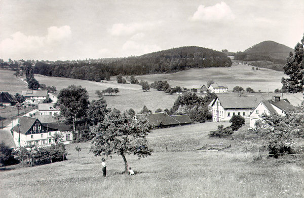 Diese Ansichtskarte aus den Nachkriegsjahren zeigt die Häuser an der Kreuzung im Blick vom Hange unter dem Plešivec (Plissenberg). Links unten ist das ehemalige Hotel Schäfer, hinter dem die Strasse den Hang nach Horní Světlá (Oberlichtenwalde) hinaufführt. Rechts ragt das grosse Gebäude des Hotels Adler hervor und hinter ihm am Horizont ist der Luž (Lausche).