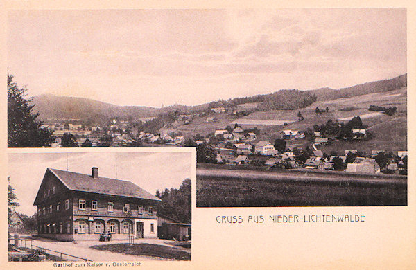 Auf dieser Ansichtskarte sieht man im Ausschnitt unter der Gesamtansicht des Dorfes den ehemaligen Gasthof „zum Kaiser von Österreich“, der am heutigen Parkplatz am Nordende des Dorfes stand. In den 30er Jahren hiess er „Lindenhof“, nach 1945 diente er noch eine gewisse Zeit als Unterkunft für Soldaten und in den 50er Jahren wurde er zusammen mit anderen in der Grenzzone stehenden Häusern abgerissen.