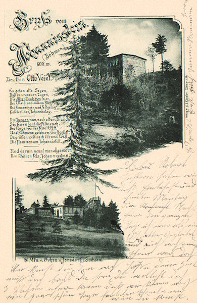 Diese Ansichtskarte vom Ende des 19. Jahrhunderts zeigt die Gaststätte auf den Johannissteinen (Janské kameny) in ihrer ursprünglichen Gestalt aus dem Jahr 1880. Auf dem oberen Bild ist ihre Ansicht von der böhmischen, auf dem unteren von der deutschen Seite.