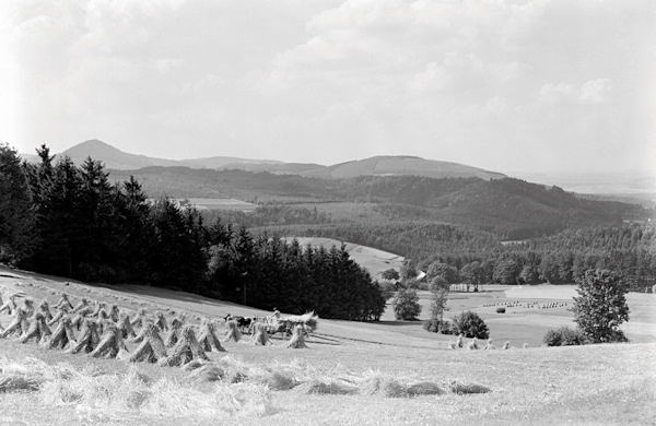 Diese Fotografie zeigt die nordwestlichen Hänge der Johannisstein in 1935 ein, als sie noch klassisch bewirtschaftet wurden. Im Hintergrund ragt der höchste Berg Luž (Lausche) heraus und rechts liegt Buchberg. Der Wirtschaft zwischen den Bäumen unten existiert heute nicht mehr.