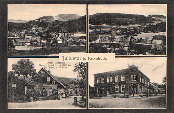 This picture postcard presents the village Juliovka on four pictures. On the upper left is the village with the distinctive Hvozd hill as seen from the west, on the right side we see the central part of the village with the former Knobloch's restaurant which also is shown in the lower left picture. The last picture shows the former restaurant which on 19 september 1779 visited emperor Joseph II on his inspection tour.