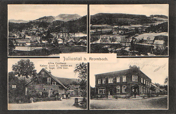 Diese Ansichtskarte stellt vier Bilder von Juliovka (Juliusthal) vor. Oben links ist die Gemeinde mit dem auffallenden Hvozd (Hochwald) von Westen, rechts sieht man das Mitteldorf mit dem ehemaligen Gasthaus Knobloch, das auch auf dem Bild links unten abgebildet ist. Das letze Bild zeigt das frühere Gasthaus, in dem auf seinen Inspektionsreise am 19. September 1779 Kaiser Josef II eingekehrt ist.