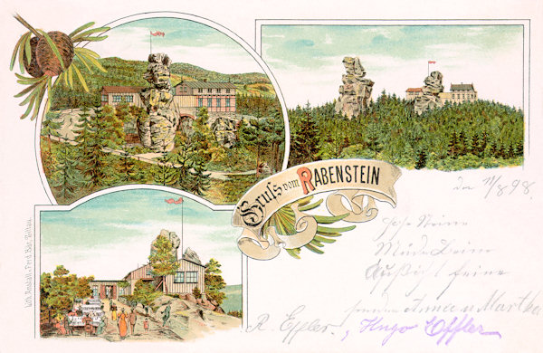 Auf dieser Lithographie vom Jahre 1898 ist die heute schon eingegangene, aber früher stark besuchte Ausflugsrestauration auf den Rabensteinen bei Dolní Světlá (Nieder Lichtenwalde). Die neben ihm stehenden zwei Felsengipfel haben Umrisse, die an Menschenköpfe erinnern.