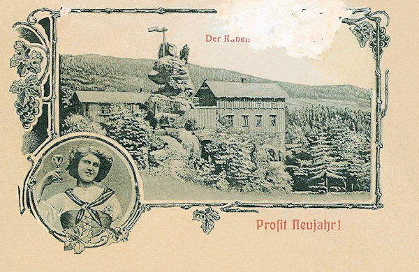 This New-year's picture postcard shows the former restaurant on the Krkavčí kameny (=Raven rocks) near of Dolní Světlá before its enlargement.