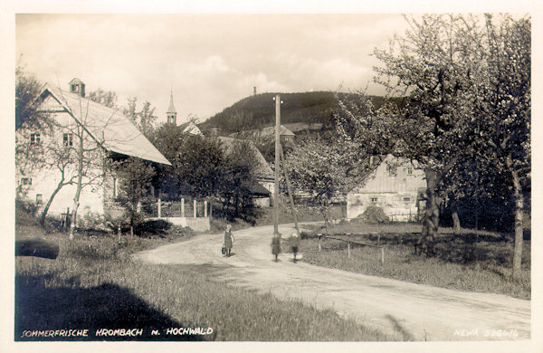 Auf dieser Ansichtskarte von 1930 sieht man die von Juliovka (Juliusthal) in das Zentrum von Krompach (Krombach) führende Strasse. Über den Häusern auf der linken Seite zeigt sich das Türmchen der Kirche der Vierzehn Nothelfer, im Hintergrund steht der Hvozd (Hochwald) mit seinem Aussichtsturm.