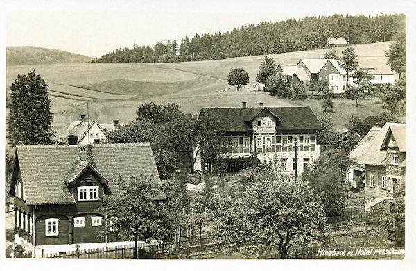 Auf dieser Ansichtskarte aus den Jahren zwischen den beiden Weltkriegen sieht man in der Mitte das ehemalige Gasthaus Forsthaus. Die Gaststätte gibt es heute nicht mehr, die anderen Häuser stehen heute noch.