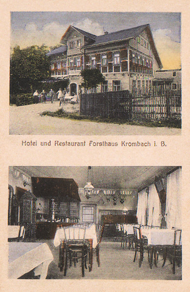 Na této pohlednici vidíme bývalý hotel „Myslivna“ i s interiérem.