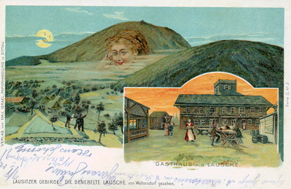 Diese Ansichtskarte stellt den Berg Lausche (Luž) personifiziert als eine schöne Frauengestalt dar.