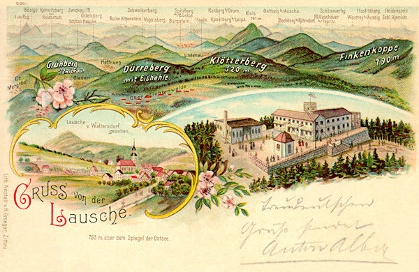 This picture postcard from 1906 presents a partial outlook from the summit to the Bohemian side: on the left the twin peaks of the Velký Bezděz and Malý Bezděz, in the left foreground the Zelený vrch hill near Cvikov, the Suchý vrch, Kobyla and Pěnkavčí vrch hills, behind them the group of four distinctive peaks (from the foreground backwards: the Bouřný, Velký Buk, Rousínovský vrch and the sharp Klíč hill.) On the lower cutouts is the Luž with Waltersdorf (in Germany) and the restaurant on its peak.