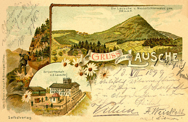 On this picture postcard from 1899 there is the Luž hill as seen from Dolní Světlá. The lower picture shows the former restaurant on its peak.