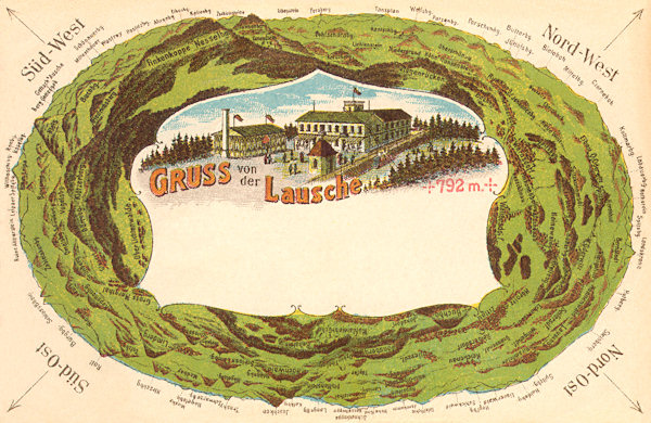 Diese Ansichtskarte mit dem ehemaligen Gasthaus auf dem Lausche- (Luž-) Gipfel zeigt den Rundblick vom Gipfel.