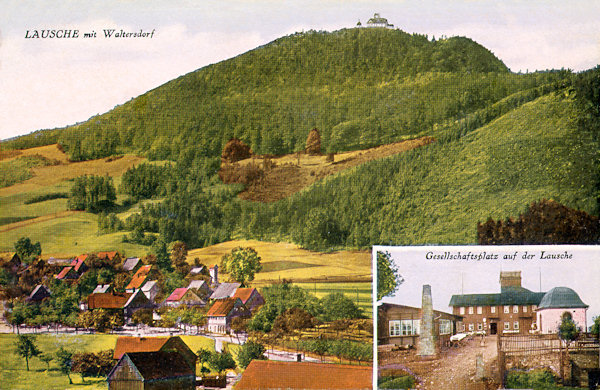 On this picture postcard we see the Luž hill from the North from the foot of Butterberg hill (Germany). In the cutout below is the restaurant on the peak.