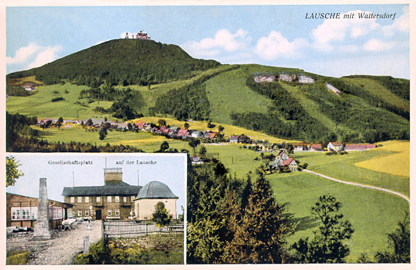 Auf dieser Ansichtskarte sieht man den Grenzkamm des Lausche (Luž) oberhalb von Waltersdorf im Blick vom Hofeberg (Nordosten). Im waldfreien Ausläufer rechts sieht man die alten Sandsteinbrüche. Im Ausschnitt unten ist das Gipfelrestaurant auf dem Luž (Lausche).