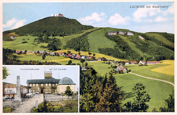 On this picture postcard we see the border crest with Luž-hill above Waltersdorf (Germany) as seen from the northeastern side of the Hofeberg hill. In the deforestated part of the slope on the right side old sandstone quarries are seen. In the cutout below there is the restaurant on the peak of the Luž hill.