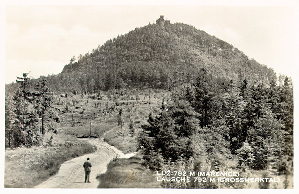 This picture postcard shows the cone of the Luž-hill as seen from the path leading from the West along of the frontier crest.