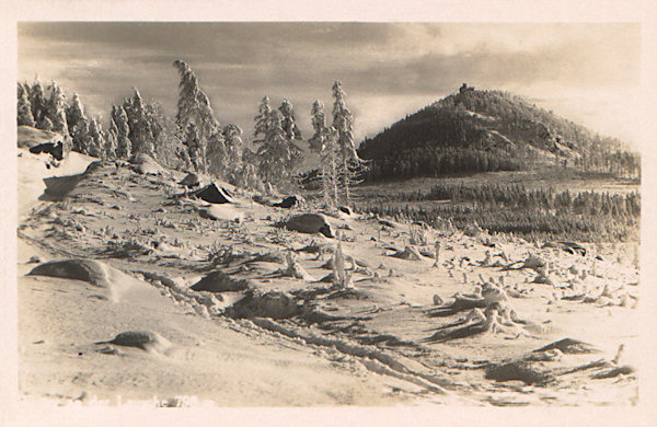 Auf dieser Winteransichtskarte sieht man den Lausche (Luž) mit dem Gipfelrestaurant in der Richtung von Pěnkavčí vrch (Finkenkoppe).