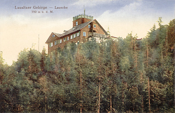 This picture postcard shows the former retsurant on the peak of Luž hill from the northwest.