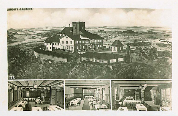 Diese Ansichtskarte zeigt das ehemalige Restaurant auf dem Gipfel des Lausche (Luž) mit der Aussicht nach Deutschland. Die kleineren Bilder unten stellen die Interieure des Restaurants vor.