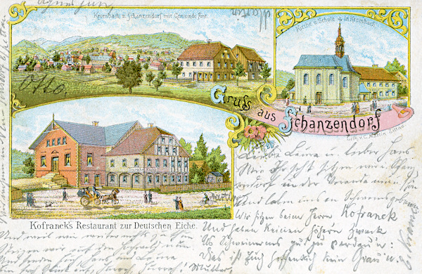 Auf dieser Lithographie vom Ende des 19. Jahrhunderts sieht man eine Gesamtansicht von Krompach (Krombach) vom Fusse des Hvozd (Hochwald) mit der Kirche der Vierzehn Nothelfer und der früheren Schule. Die Ortschaft Valy (Schanzendorf) wird hier nur durch das untere Bildchen, das das heute nicht mehr bestehende Gasthaus „Zur deutschen Eiche“ zeigt, vertreten.