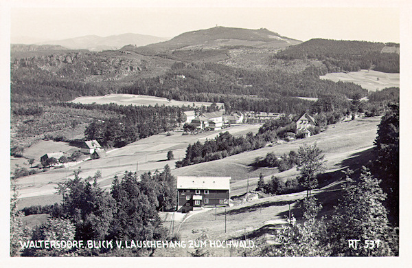 Diese Ansichtskarte zeigt die Landschaft an der Staatsgrenze zwischen den Bergen Luž (Lausche) und Hvozd (Hochwald) mit seinem Aussichtsturm im Hintergrund. In der Mitte des Bildes sieht man die Häusergruppe am Grenzübergang Wache zwischen Dolní Světlá (Niederlichtenwalde) und Waltersdorf.