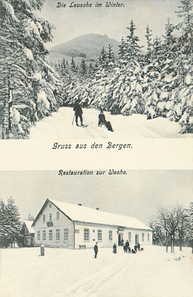 Auf dieser winterlichen Ansichtskarte sehen wir den Berg Luž (Lausche) und das ehemalige Gasthaus „Zur Wache“ von der deutschen Seite der Grenze gesehen.